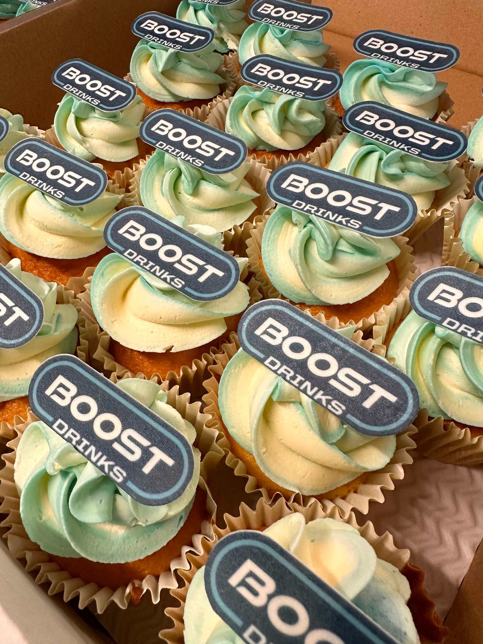 Boost branded cupcakes with custom green logo toppers