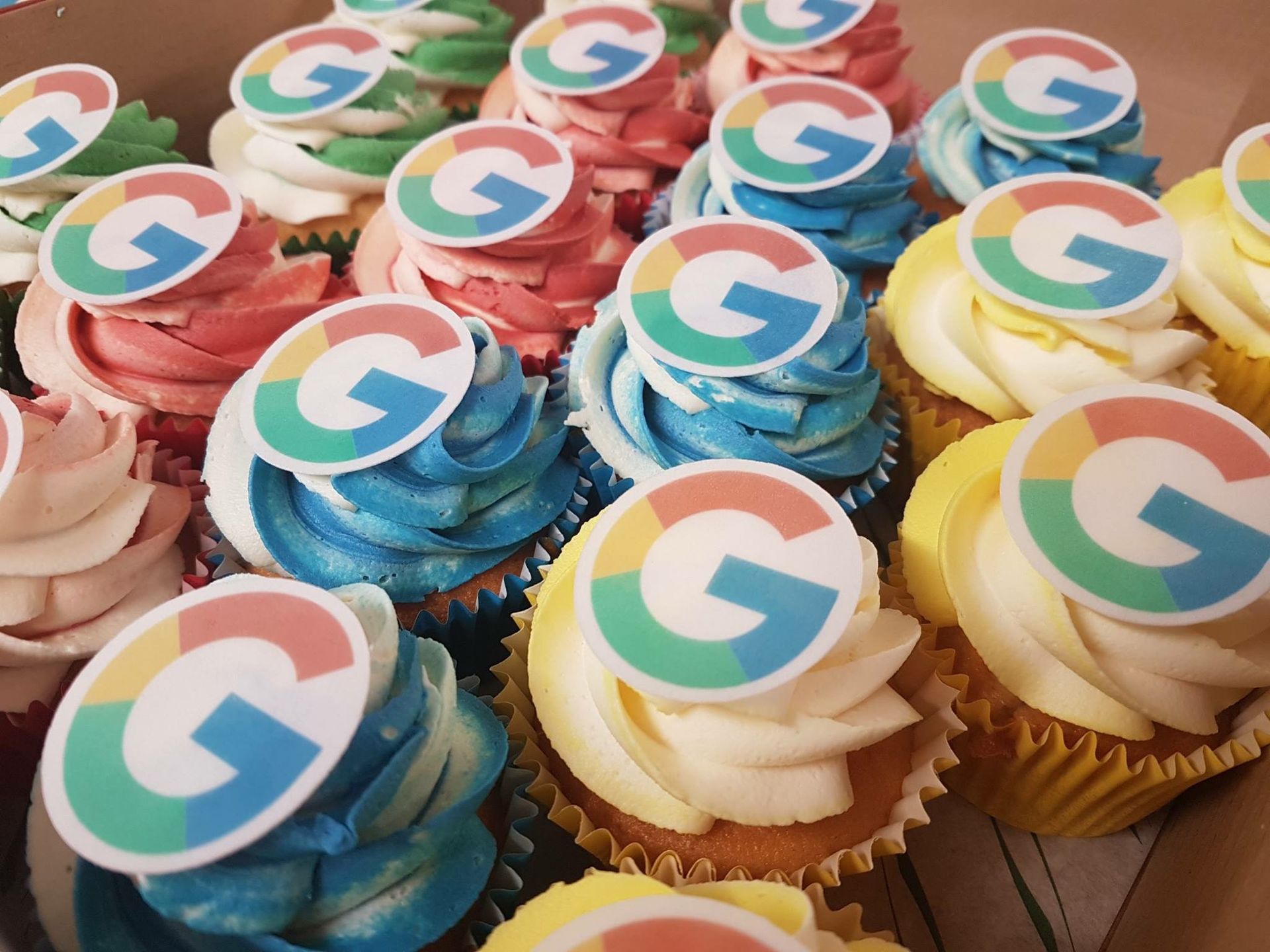 Google branded cupcakes with official Google colours