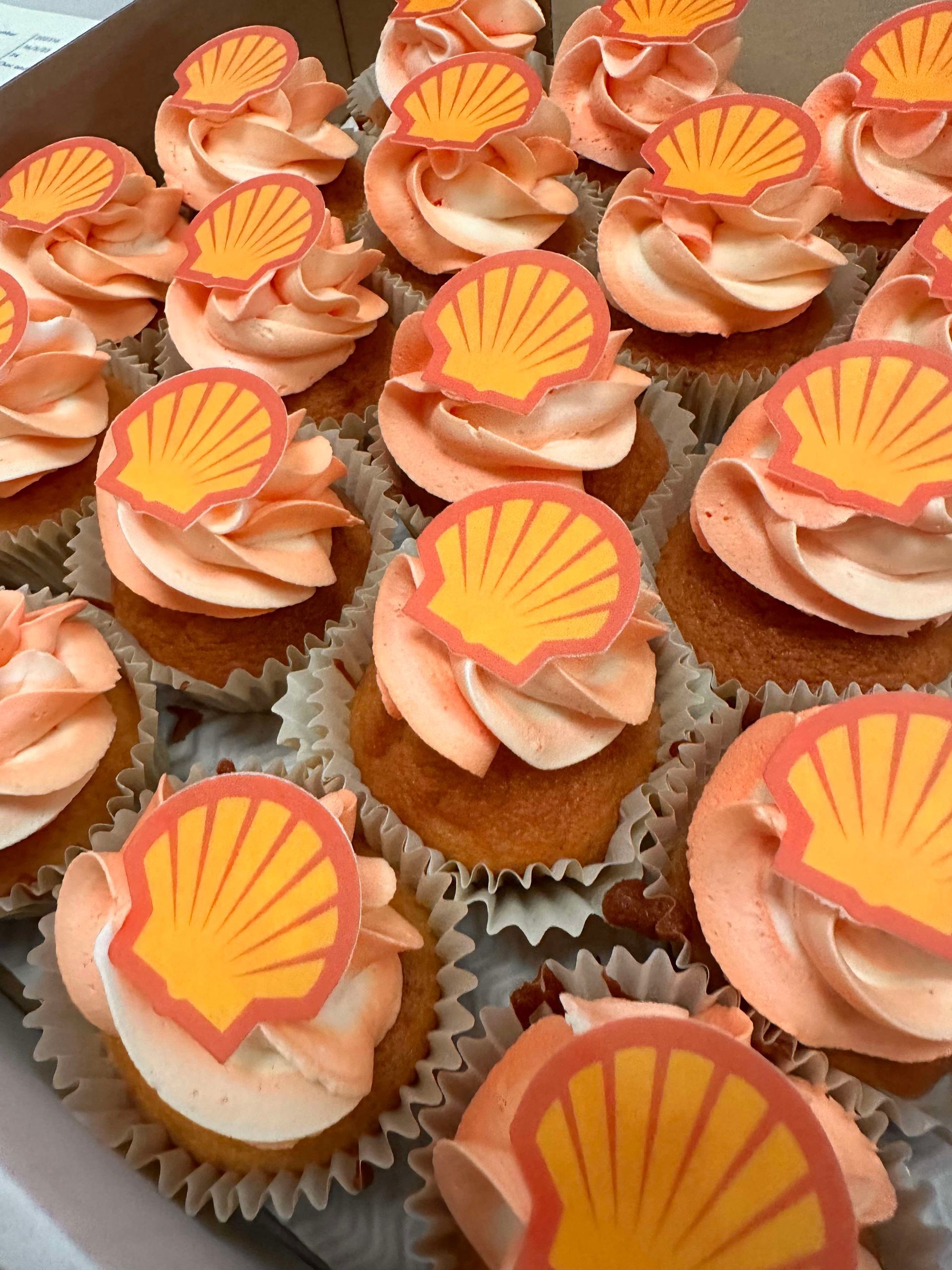 Shell branded corporate cupcakes with yellow shell logo